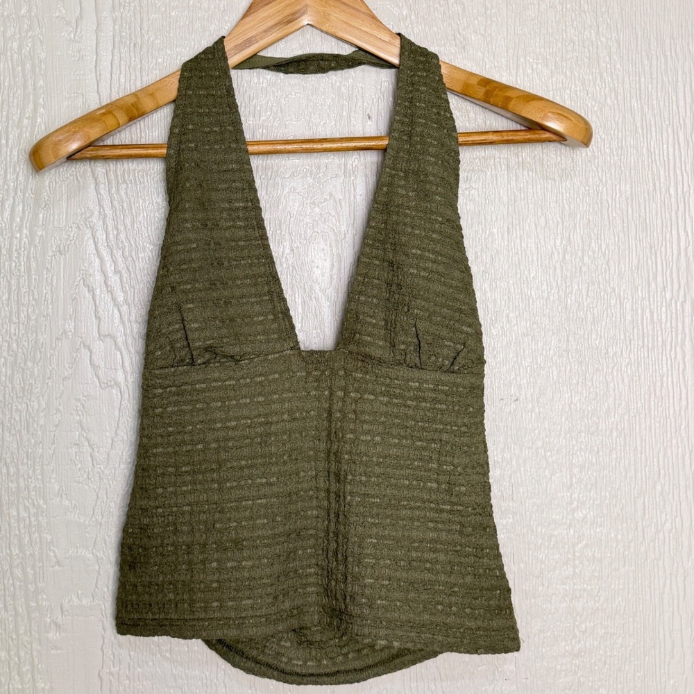 Motel Rocks Green Textured Halter Top Deep V Open Back Hippie Crop Medium